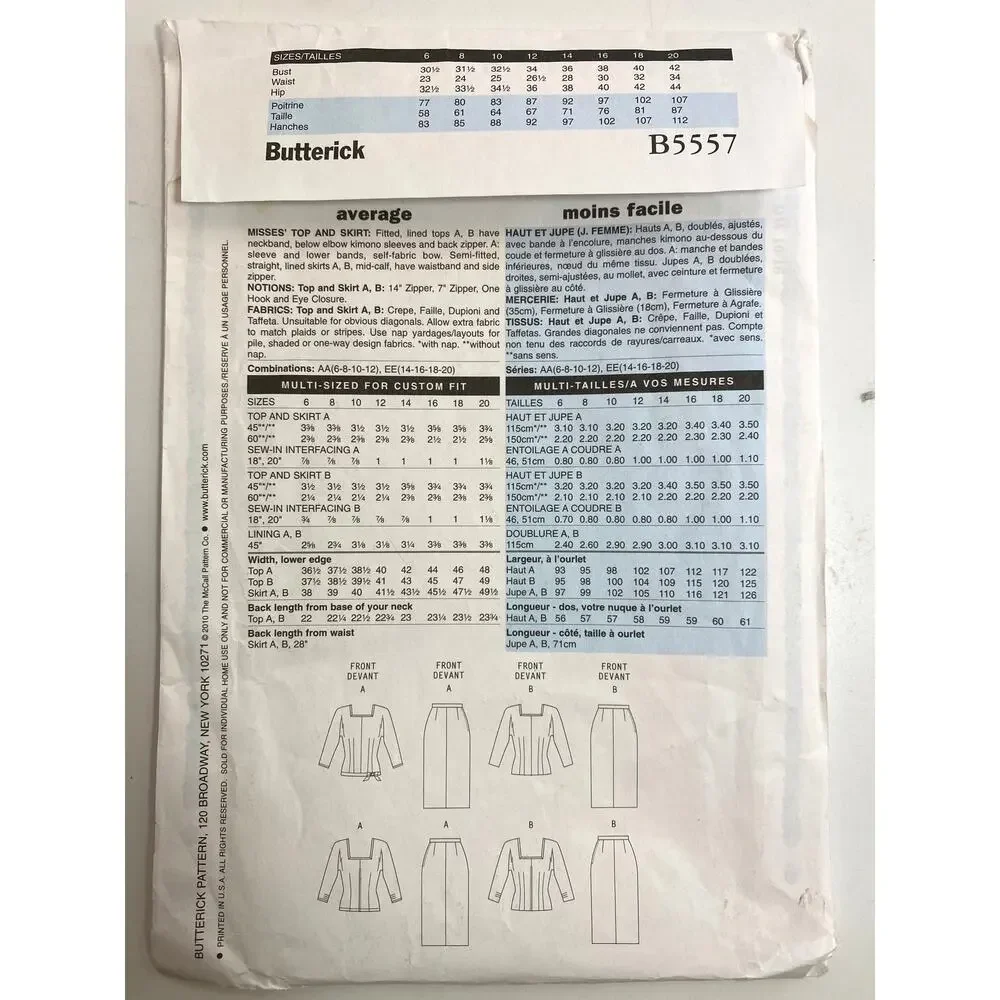 Butterick 55 B5557 Fit Peplum Top Slim Wiggle Skirt 14-20 Sewing Pattern UC FF